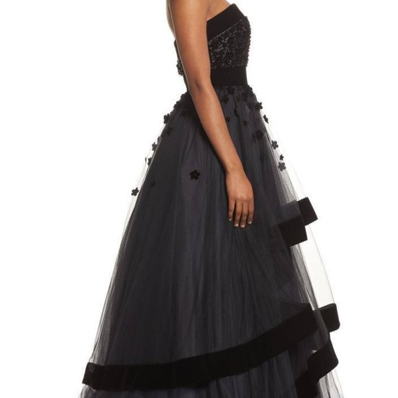 MAC DUGGAL 6634D FLORAL VELVET TRIM STRAPLESS BALL-GOWN DRESS sz 10 - Picture 3 of 9